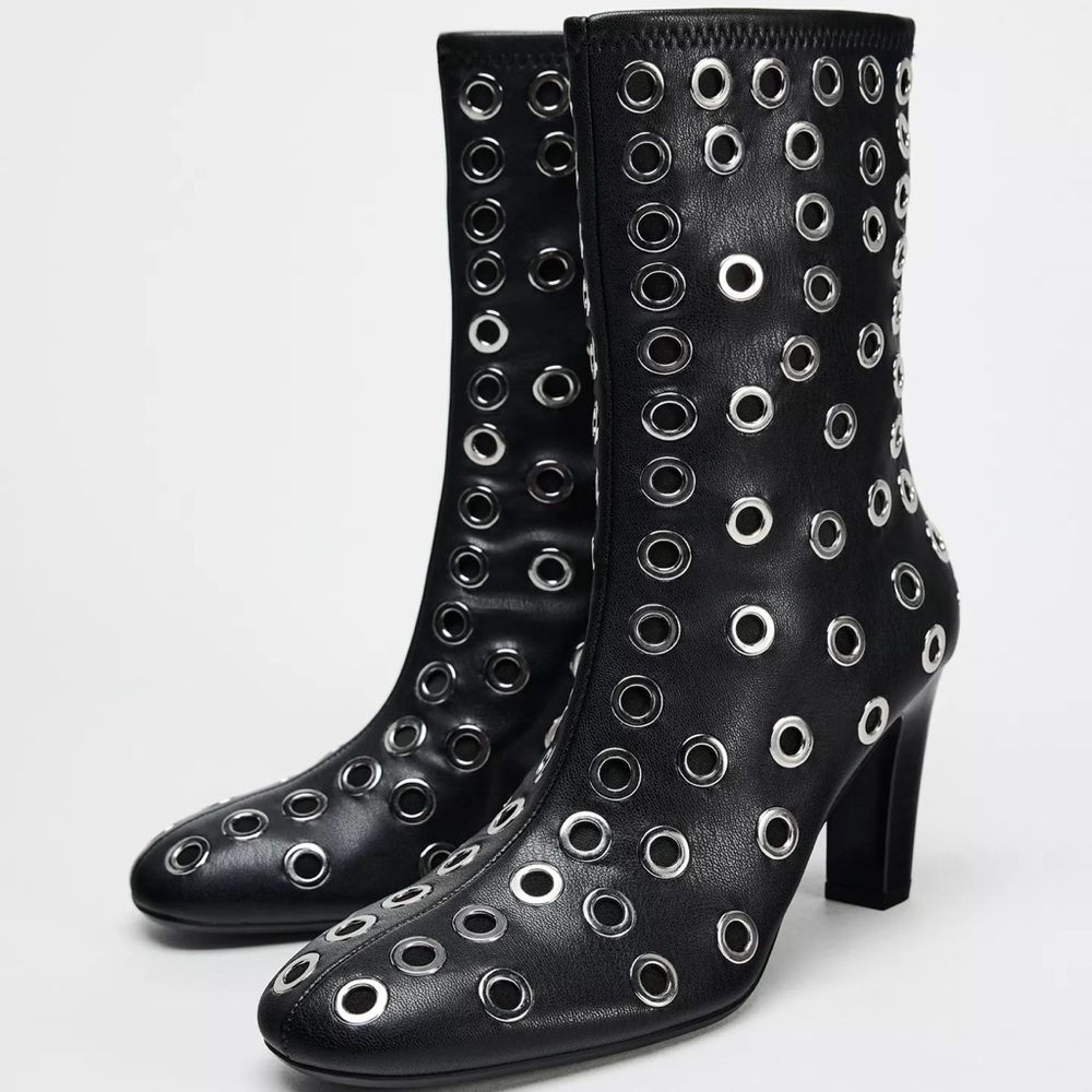 Zara Black Metal Grommet Heeled Ankle Boots.